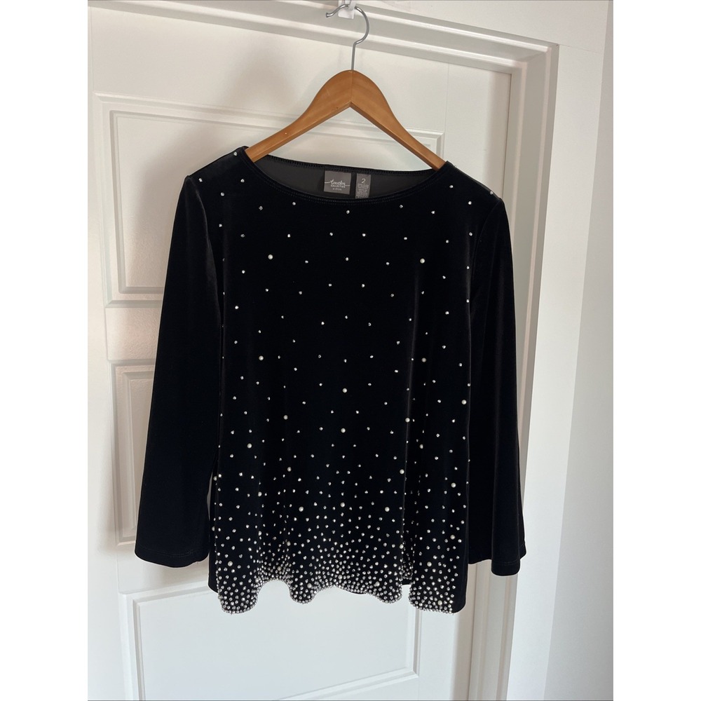 CHICOS TRAVELER BLACK STRETCH VELVET RHINESTONE & PEARL TOP DRESSY GLAM SIZE 2 L